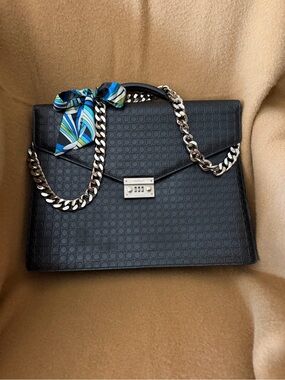 Salvatore Ferragamo Black Leather Business Bag, w/Double Handles & X-body Chain